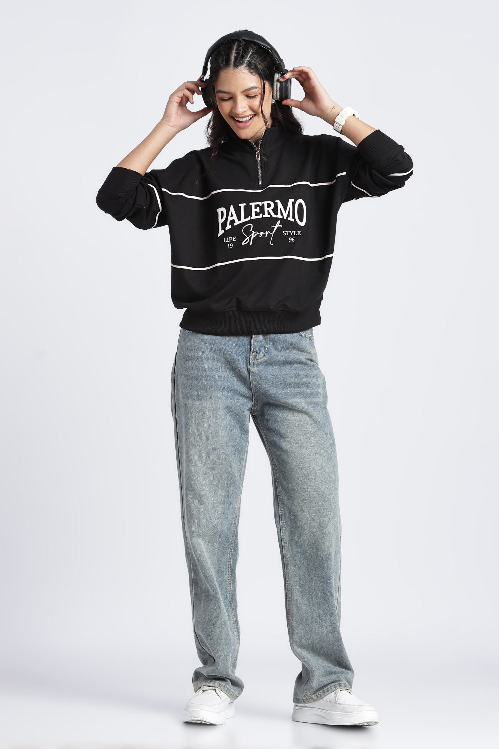 Womens Relaxed Half Zipper Black Graphic Sweatshirt - Image 6