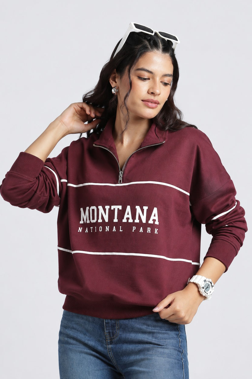 Womens Relaxed Half Zipper Maroon Graphic Sweatshirt - Image 1
