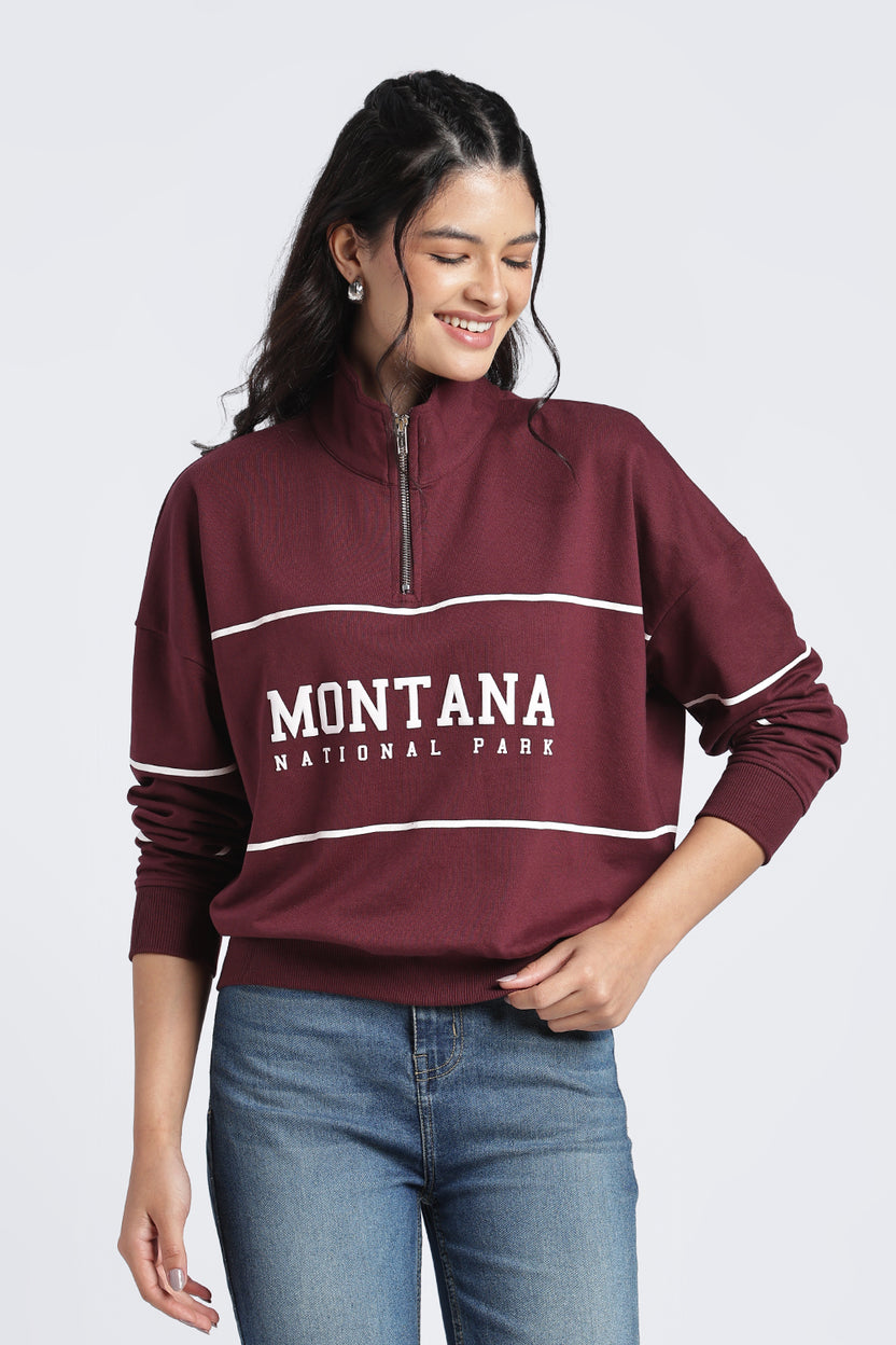 Womens Relaxed Half Zipper Maroon Graphic Sweatshirt - Image 2