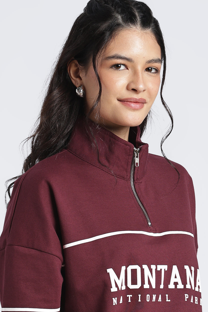 Womens Relaxed Half Zipper Maroon Graphic Sweatshirt - Image 3