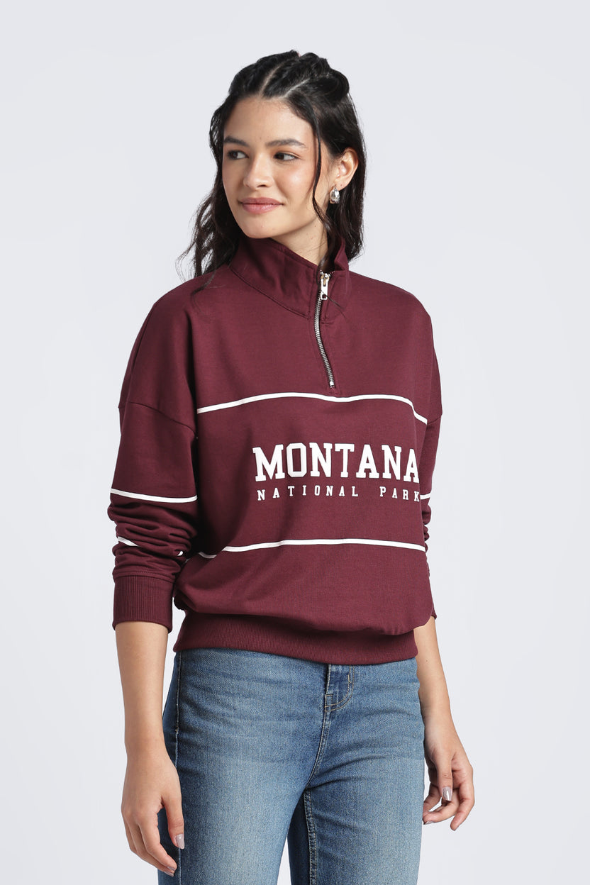 Womens Relaxed Half Zipper Maroon Graphic Sweatshirt - Image 4