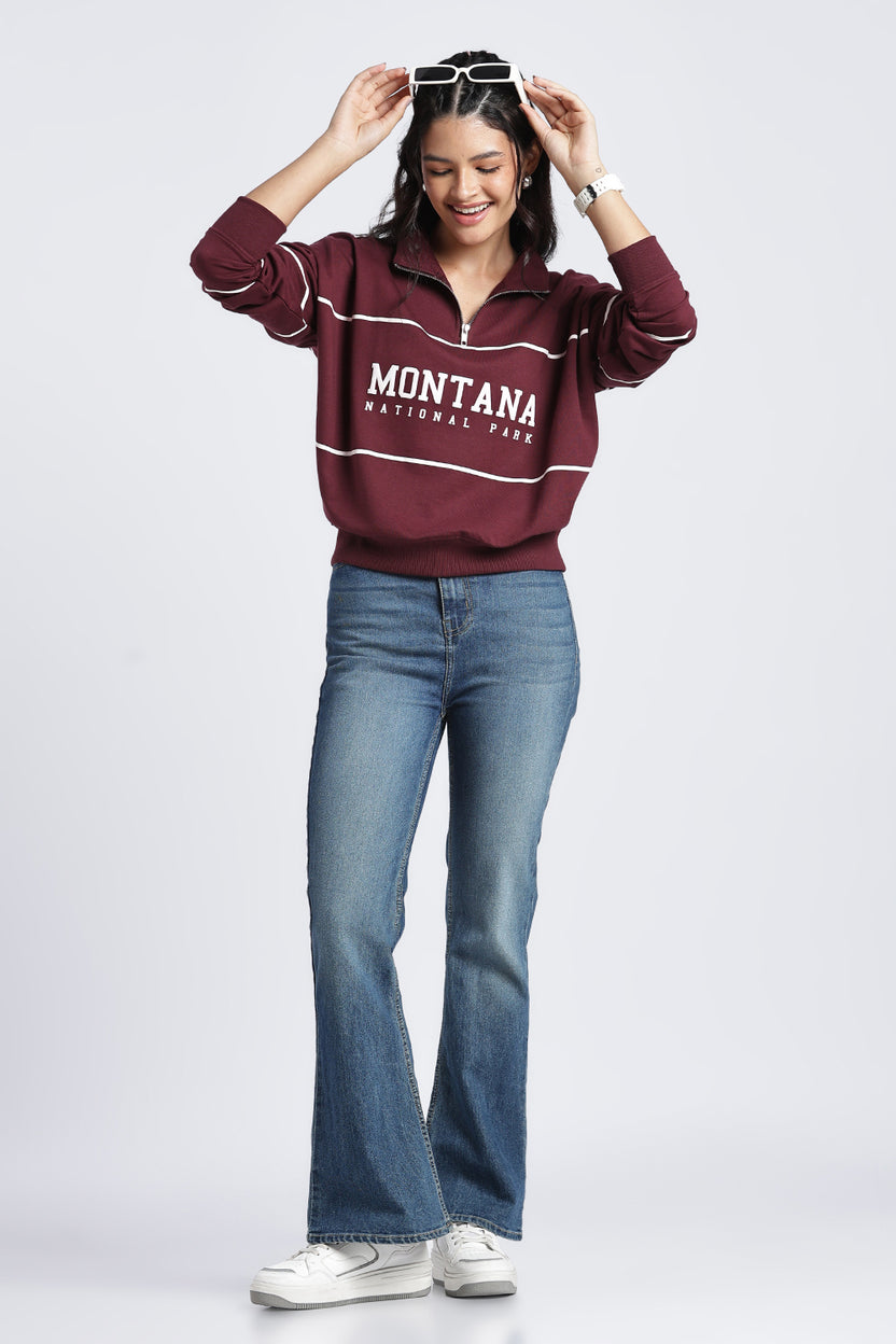 Womens Relaxed Half Zipper Maroon Graphic Sweatshirt - Image 6