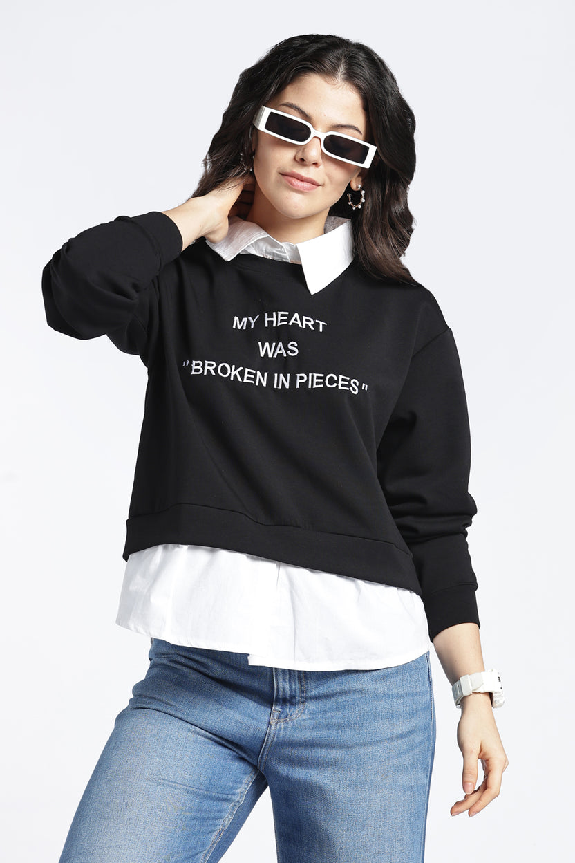Womens Relaxed Mock Collared Graphic Black Sweatshirt - Image 1