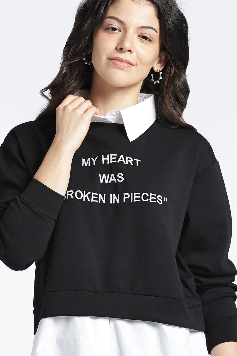 Womens Relaxed Mock Collared Graphic Black Sweatshirt - Image 3