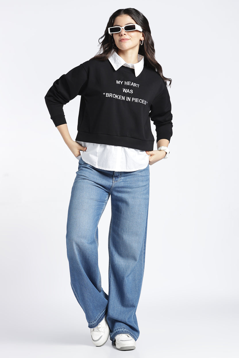 Womens Relaxed Mock Collared Graphic Black Sweatshirt - Image 6