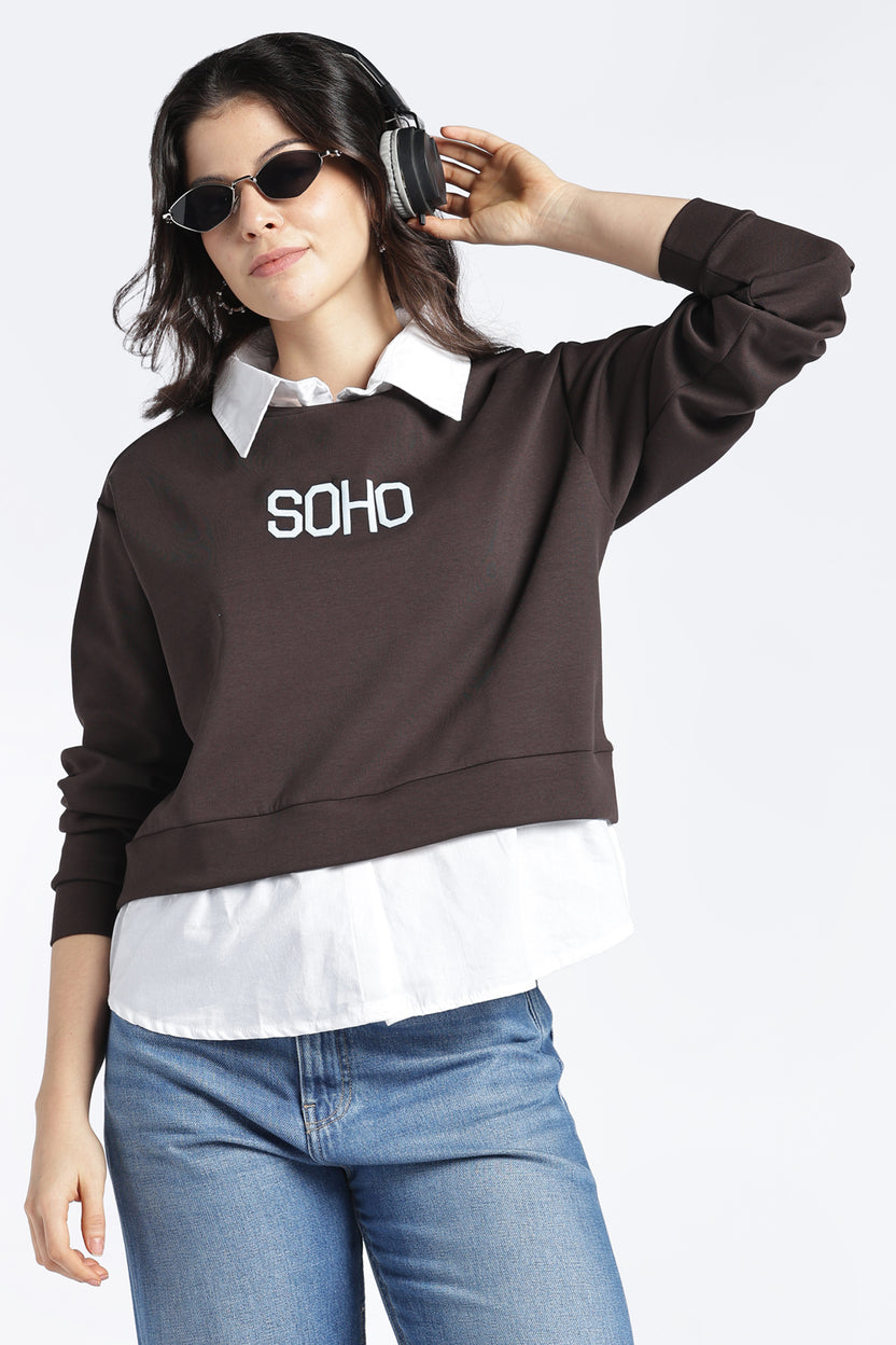 Womens Relaxed Mock Collared Graphic Brown Sweatshirt - Image 1