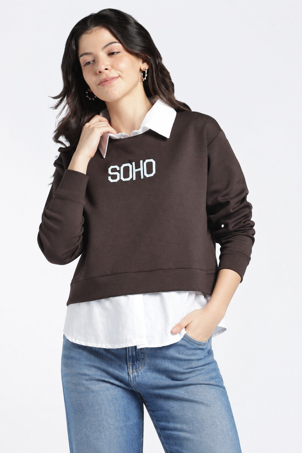 Womens Relaxed Mock Collared Graphic Brown Sweatshirt - Image 2