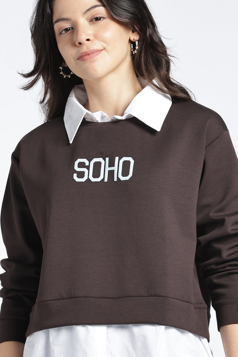 Womens Relaxed Mock Collared Graphic Brown Sweatshirt - Image 3