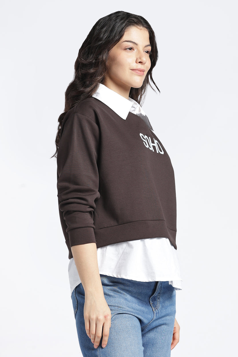 Womens Relaxed Mock Collared Graphic Brown Sweatshirt - Image 4