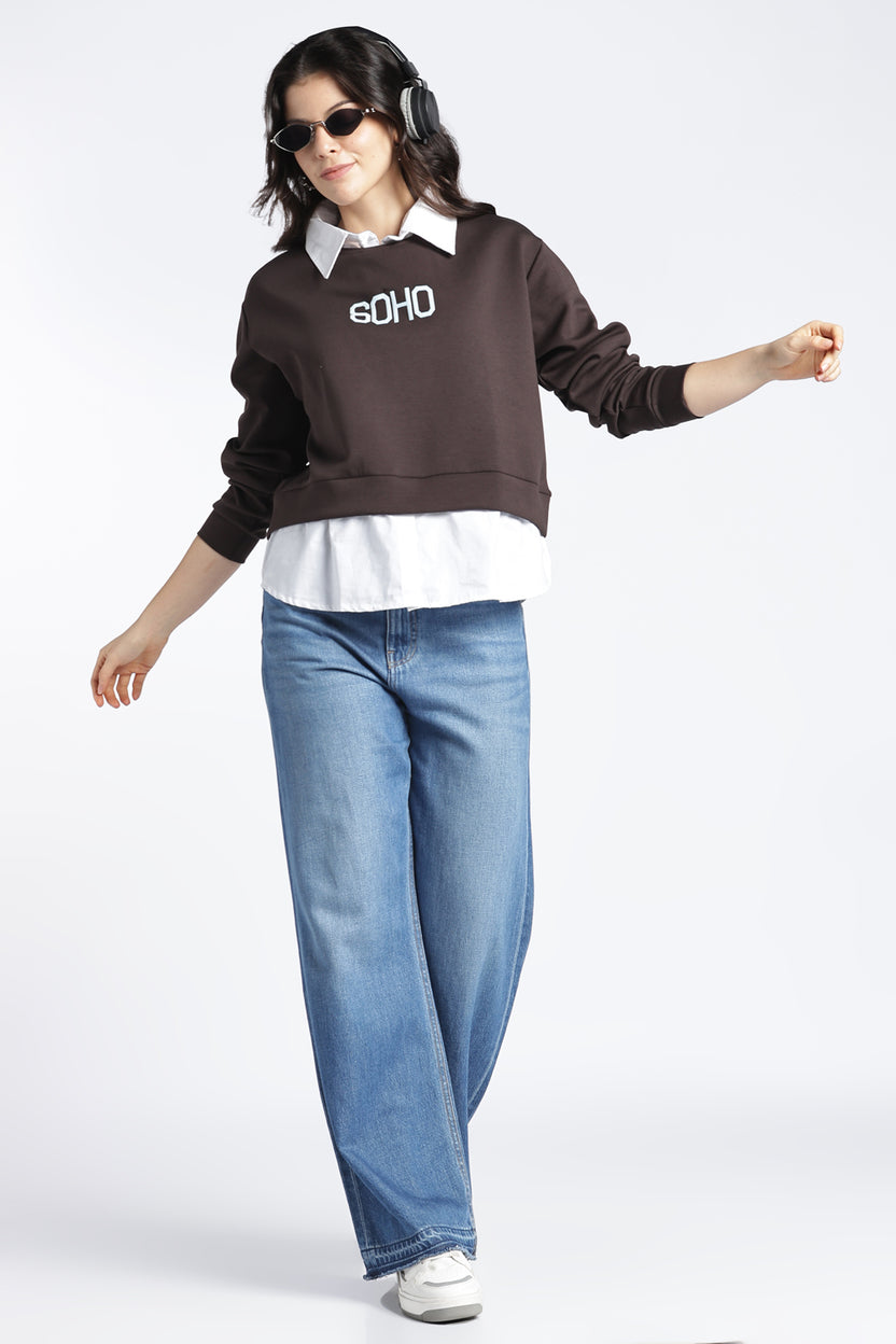 Womens Relaxed Mock Collared Graphic Brown Sweatshirt - Image 6