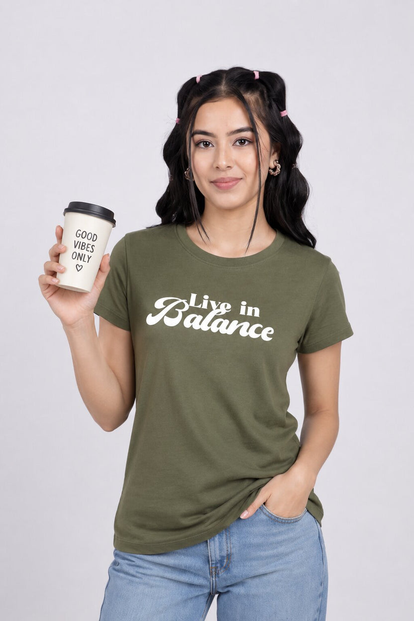 Women Olive Letter Regular Fit T-Shirt - Image 1