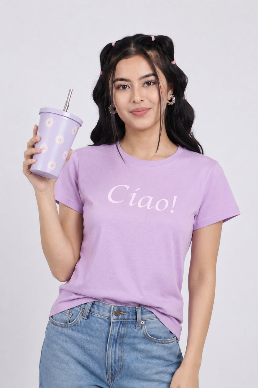 Women Lilac Letter Regular Fit T-Shirt - Image 1