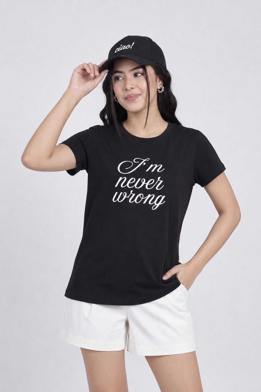Women Black Letter Regular Fit T-Shirt - Image 1
