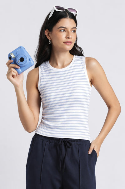 Womens Regular Striper White Tank Top