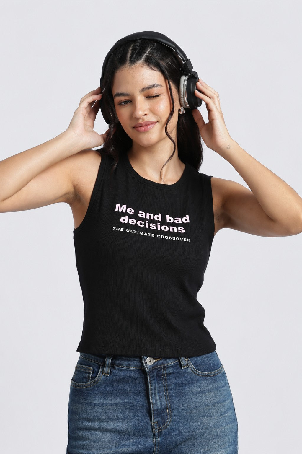 Womens Regular Chest Print Black Tank Top - Image 1