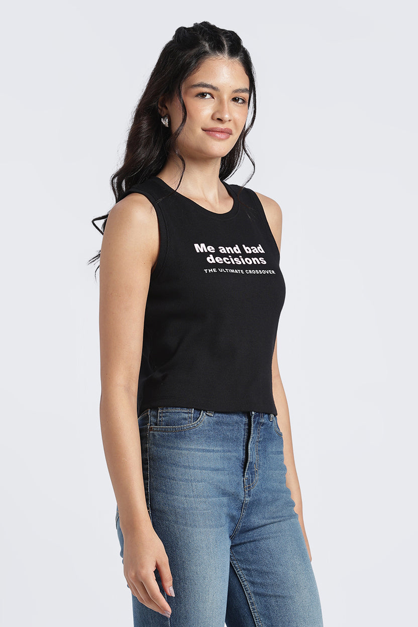 Womens Regular Chest Print Black Tank Top - Image 4