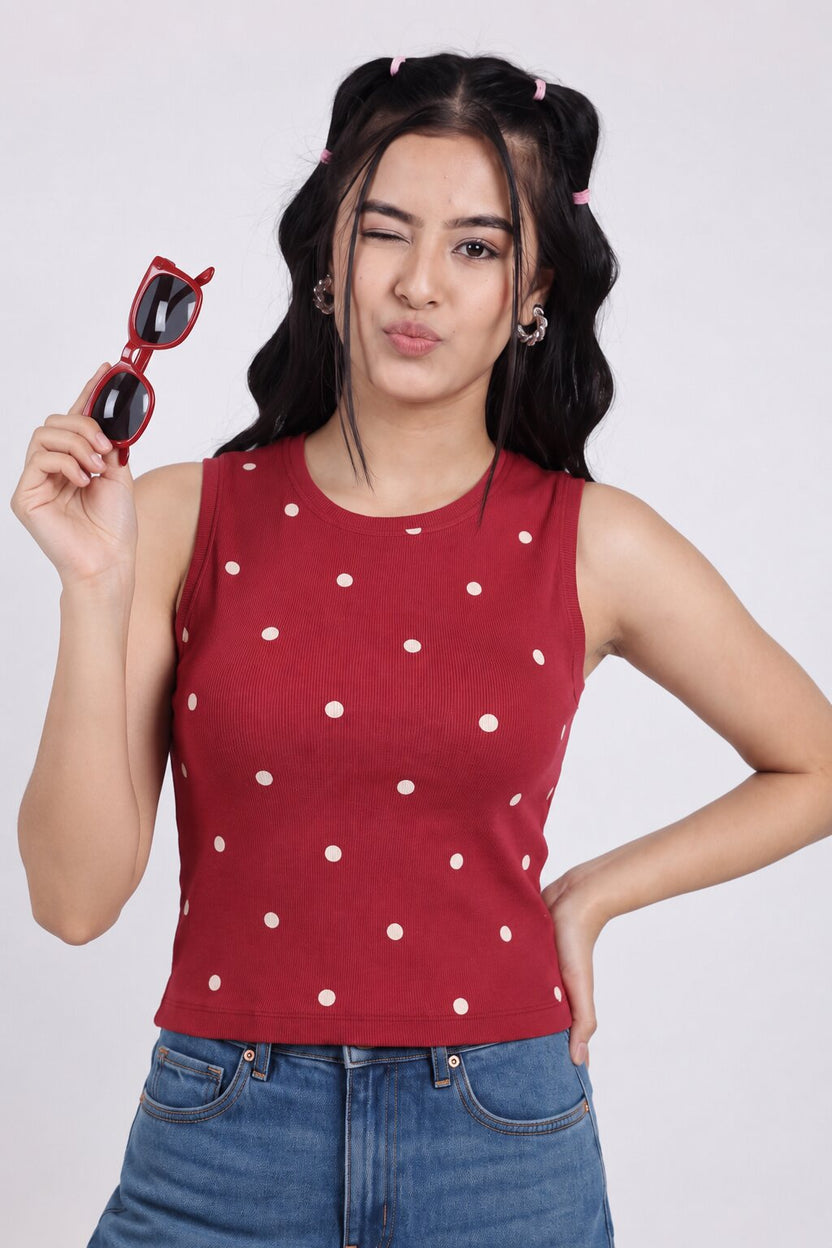 Women Red Polka Dot Regular Fit T-Shirt - Image 1