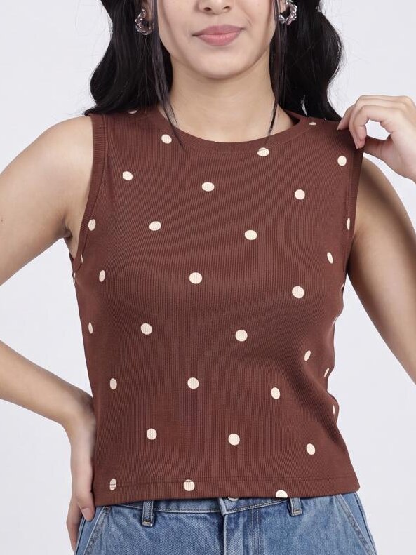 Women Brown Polka Dot Regular Fit T-Shirt - Image 3