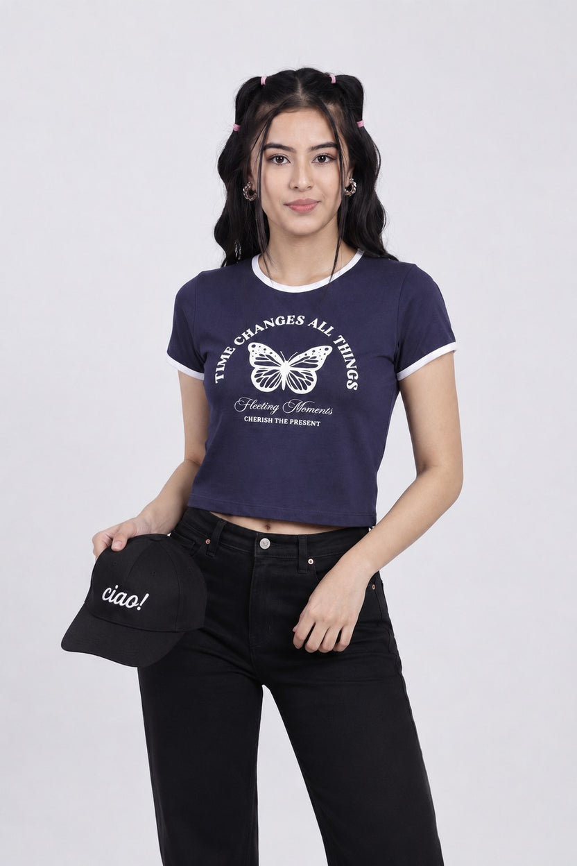 Womens Regular Graphic Ringer Navy Tee - Image 1