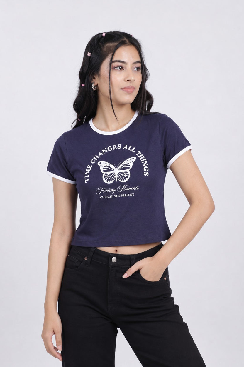 Womens Regular Graphic Ringer Navy Tee - Image 2