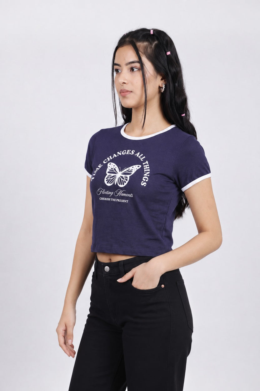 Womens Regular Graphic Ringer Navy Tee - Image 4