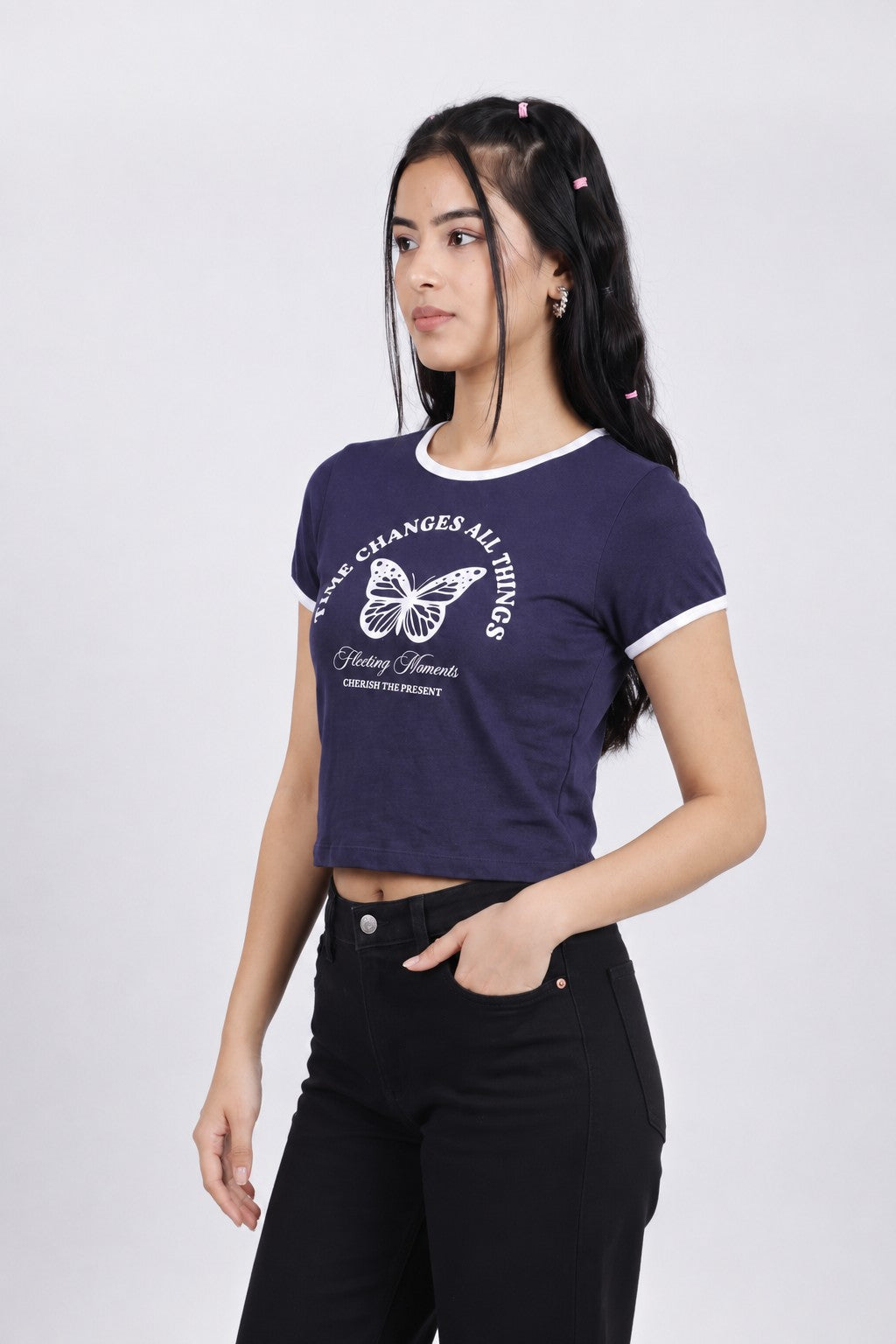 Womens Regular Graphic Ringer Navy Tee - Image 4