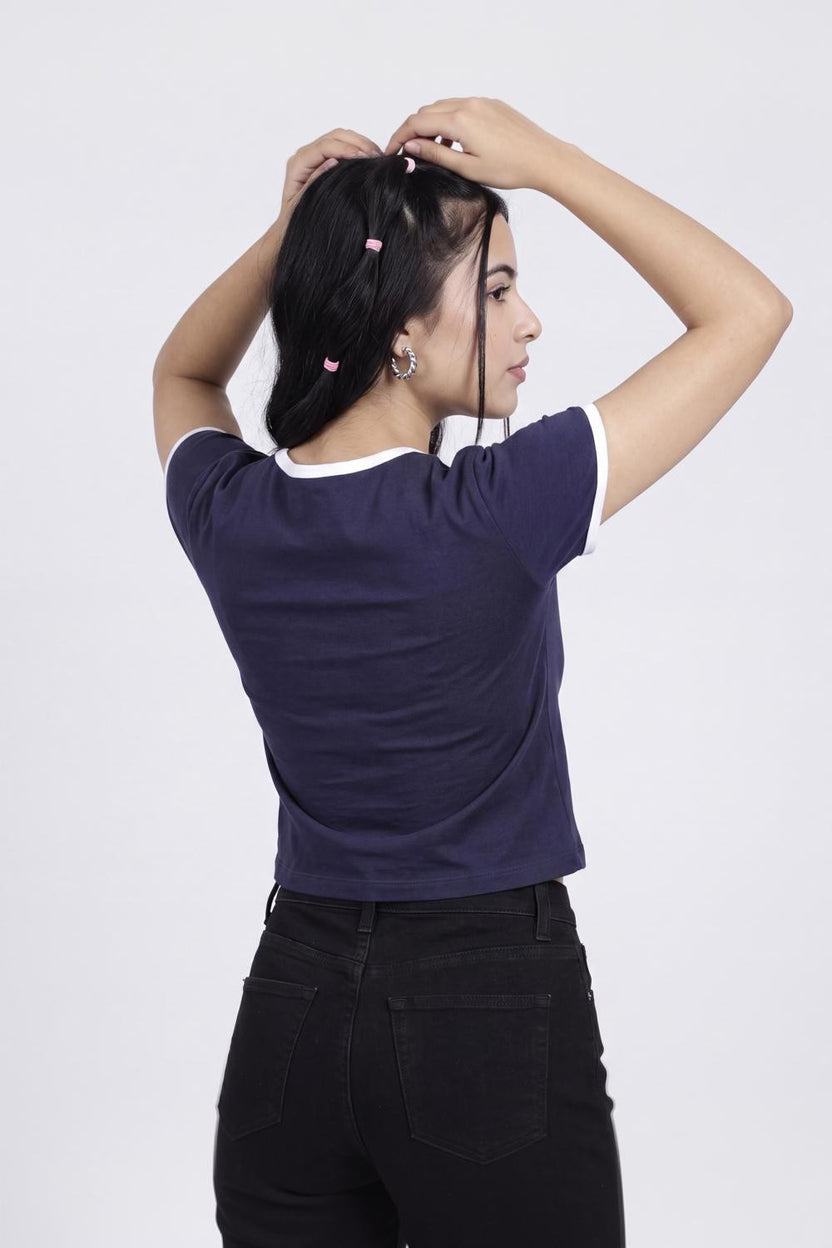 Womens Regular Graphic Ringer Navy Tee - Image 5