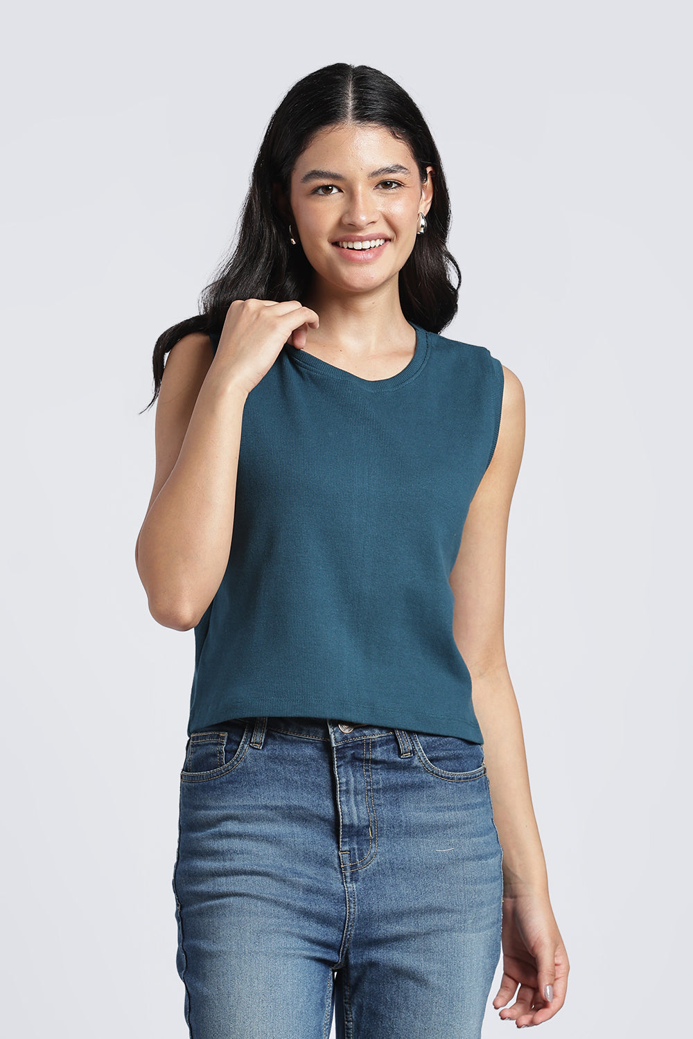 Womens Regular Textured Blue Tank Top - Image 2