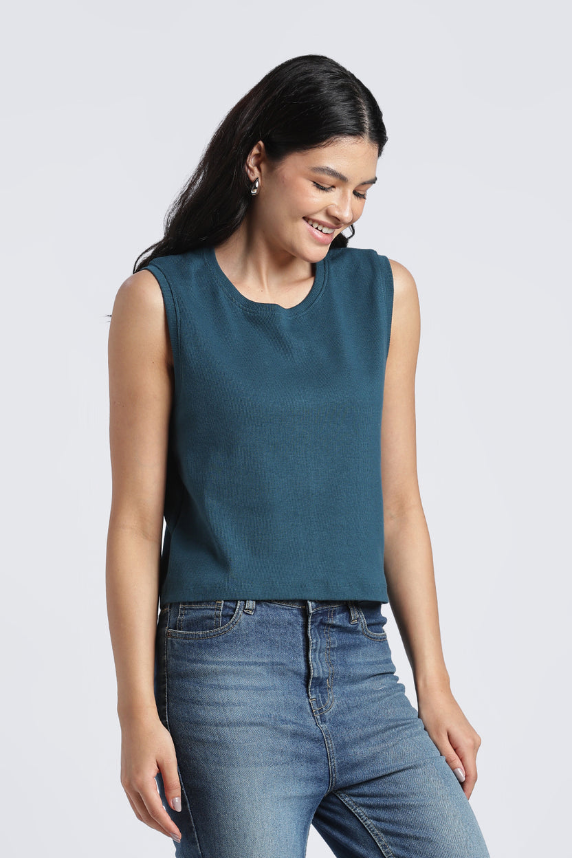 Womens Regular Textured Blue Tank Top - Image 4