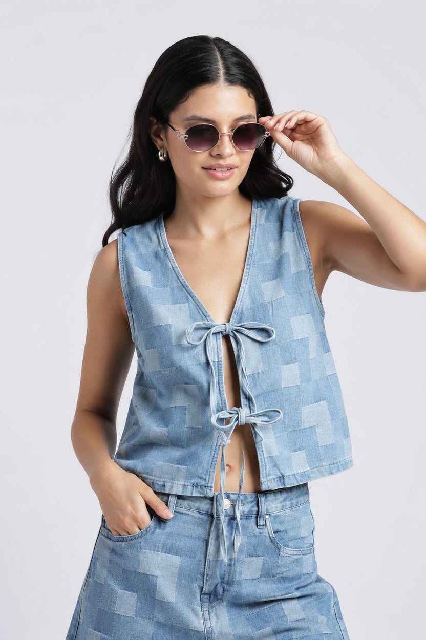 Womens Regular Patchwork  Tie Up Top - Image 1