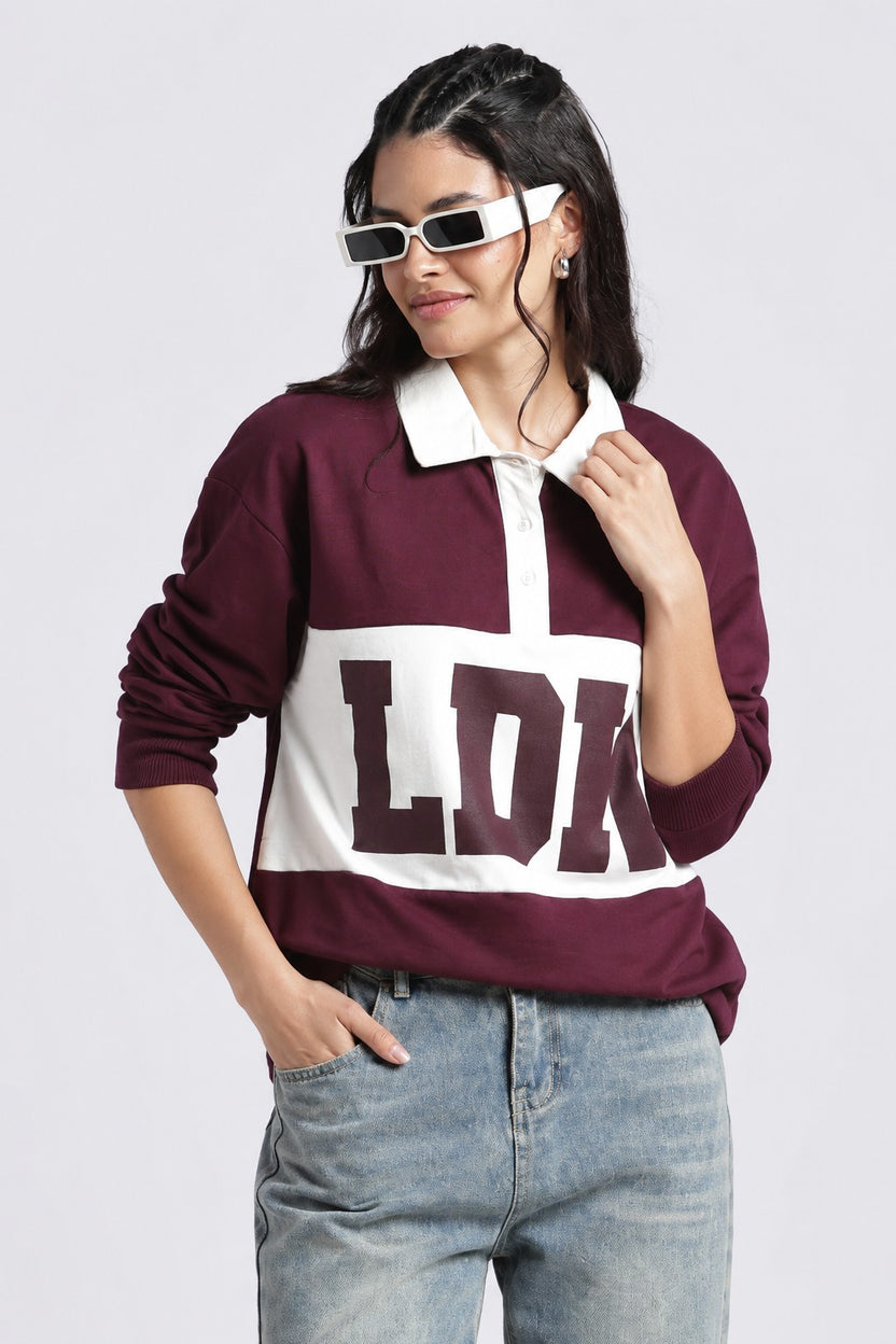 Women Maroon Drop Shoulder Sleeves Regular Fit Sweatshirt - Image 1
