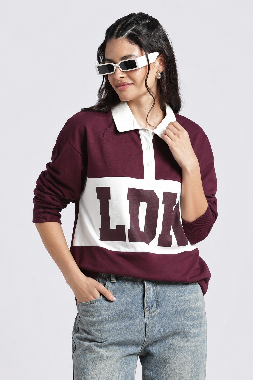 Women Maroon Drop Shoulder Sleeves Regular Fit Sweatshirt - Image 1