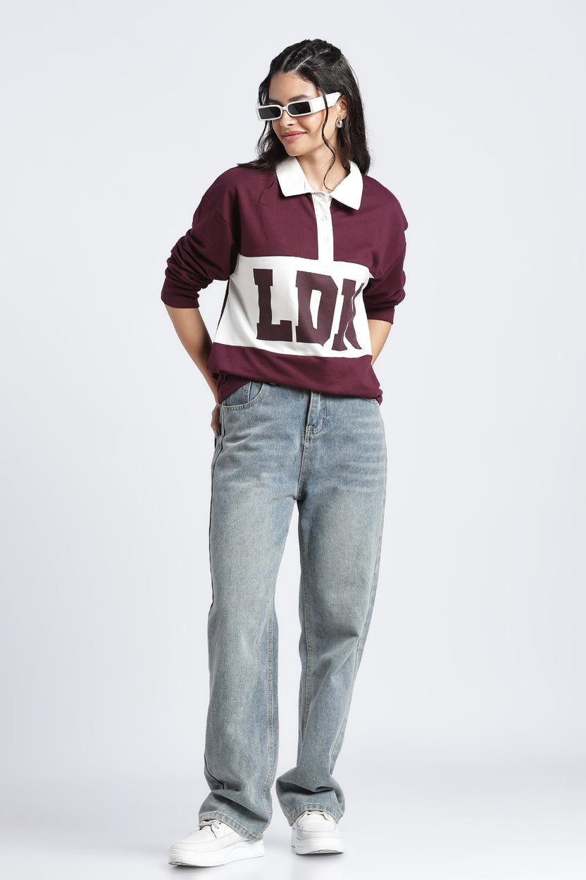 Women Maroon Drop Shoulder Sleeves Regular Fit Sweatshirt - Image 6