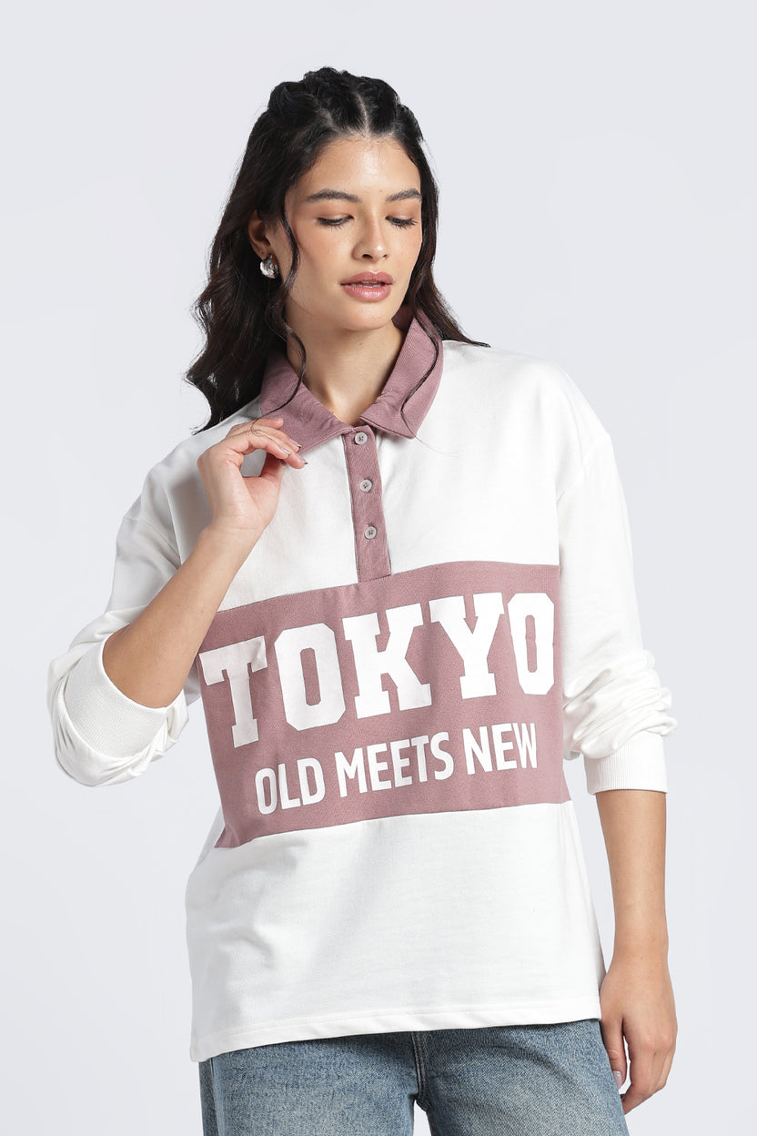 Women White Drop Shoulder Sleeves Regular Fit Sweatshirt - Image 2