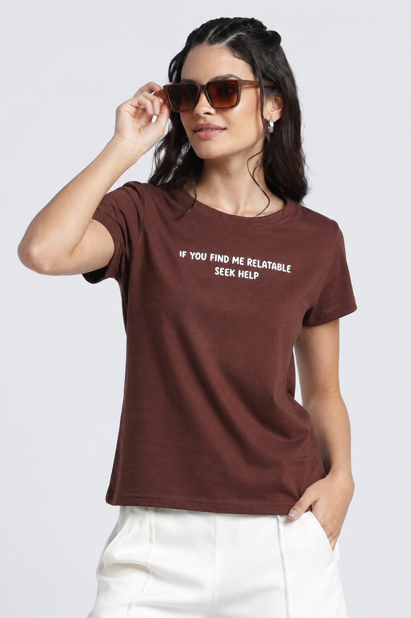 Women Brown Typographic Regular Fit T-Shirt - Image 1