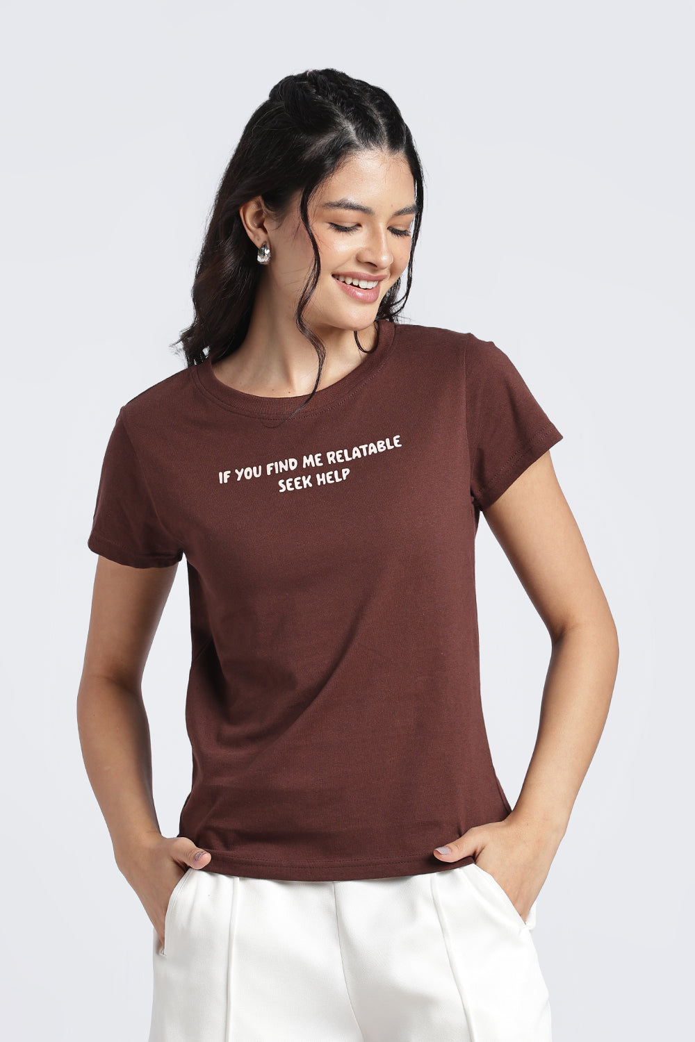 Women Brown Typographic Regular Fit T-Shirt - Image 2