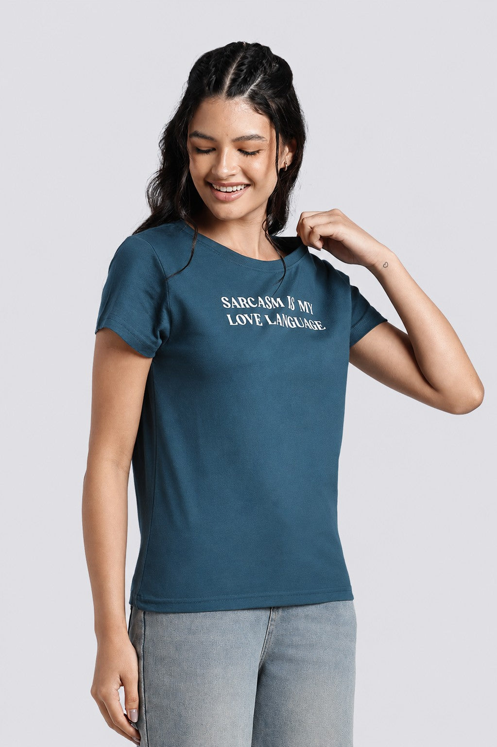 Women Blue Typographic Regular Fit T-Shirt - Image 4
