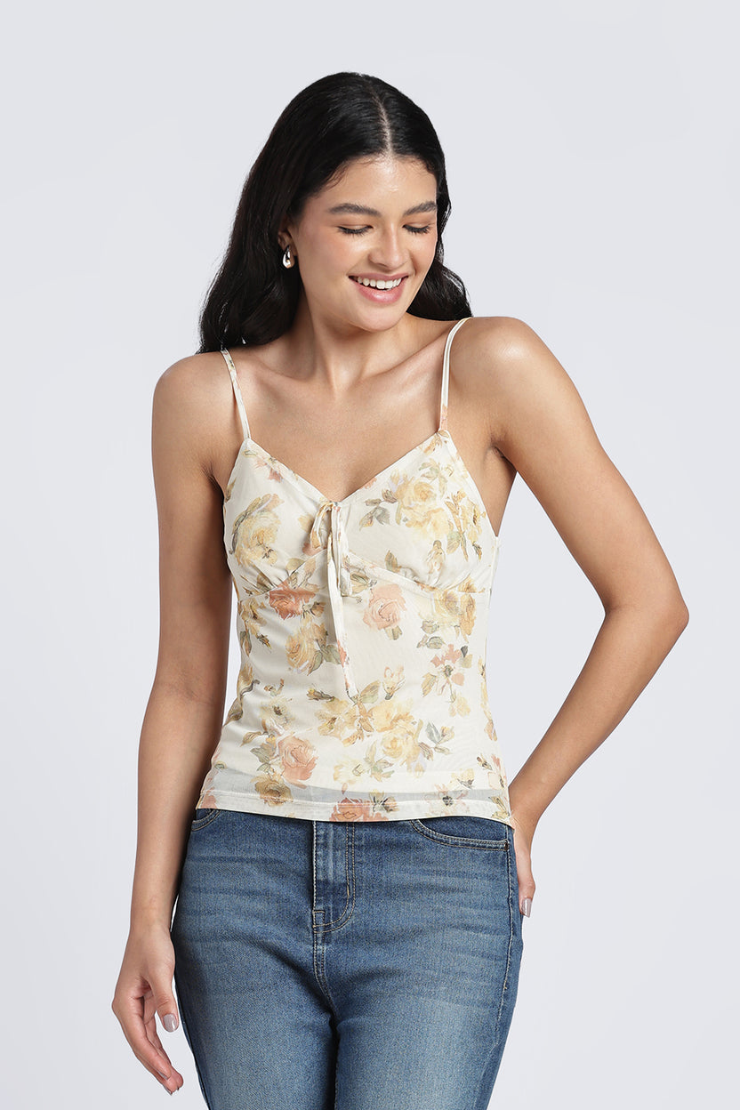 Women Yellow Floral Shoulder Straps Sleeves Slim Fit Top - Image 2
