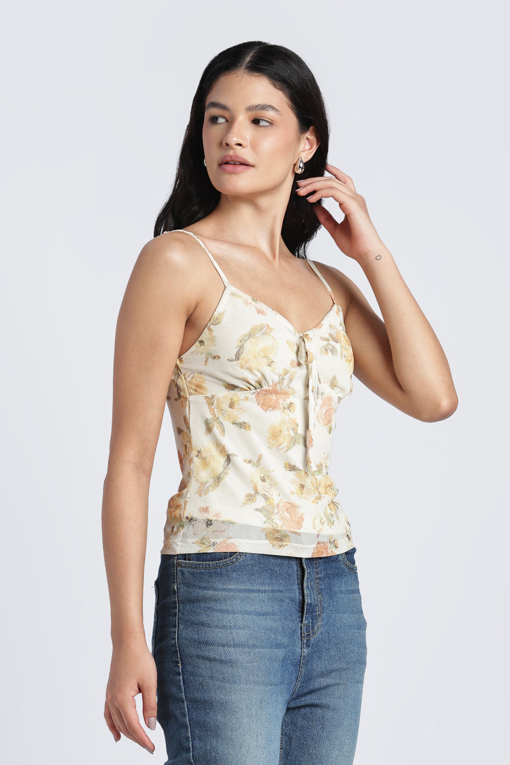 Women Yellow Floral Shoulder Straps Sleeves Slim Fit Top - Image 4
