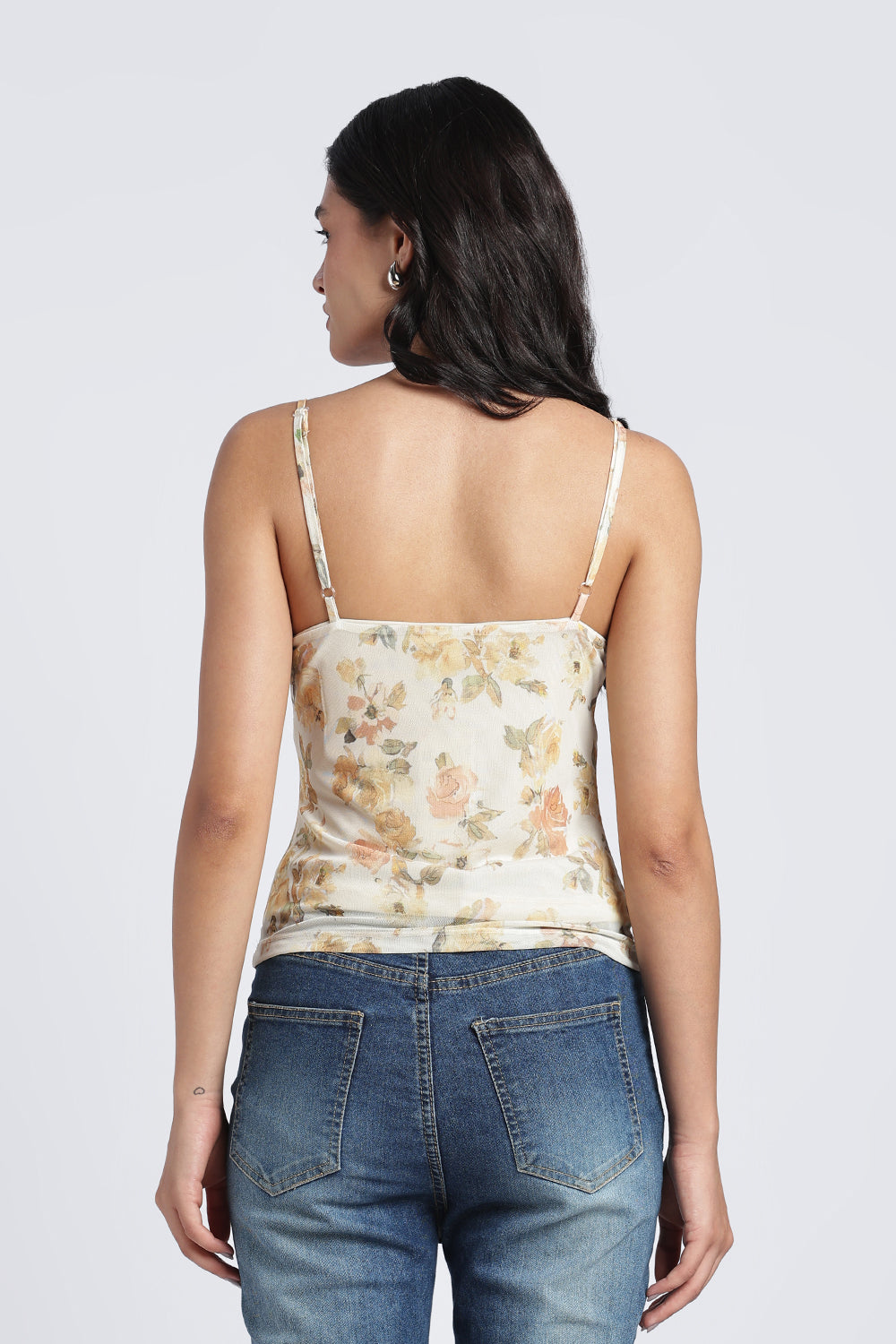 Women Yellow Floral Shoulder Straps Sleeves Slim Fit Top - Image 5