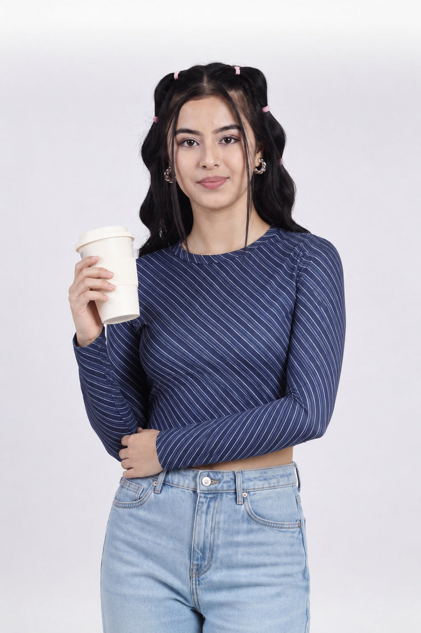 Women Blue Stripes Slim Fit Crop Top - Image 1