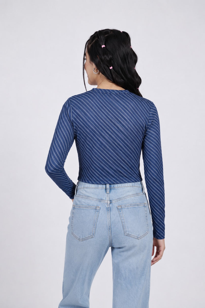 Women Blue Stripes Slim Fit Crop Top - Image 5