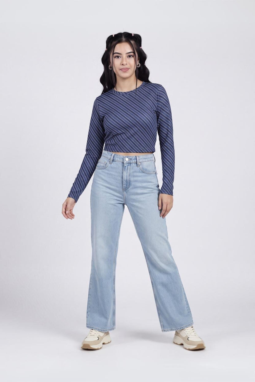 Women Blue Stripes Slim Fit Crop Top - Image 6