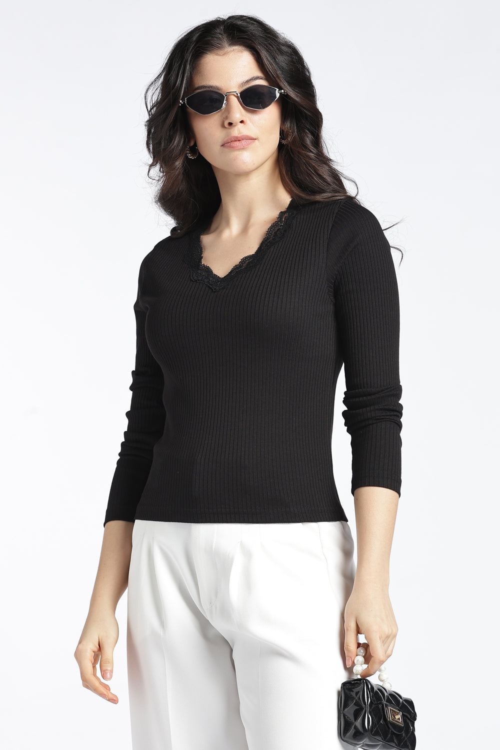 Womens Regular V-Neck Black Lace Top - Image 1