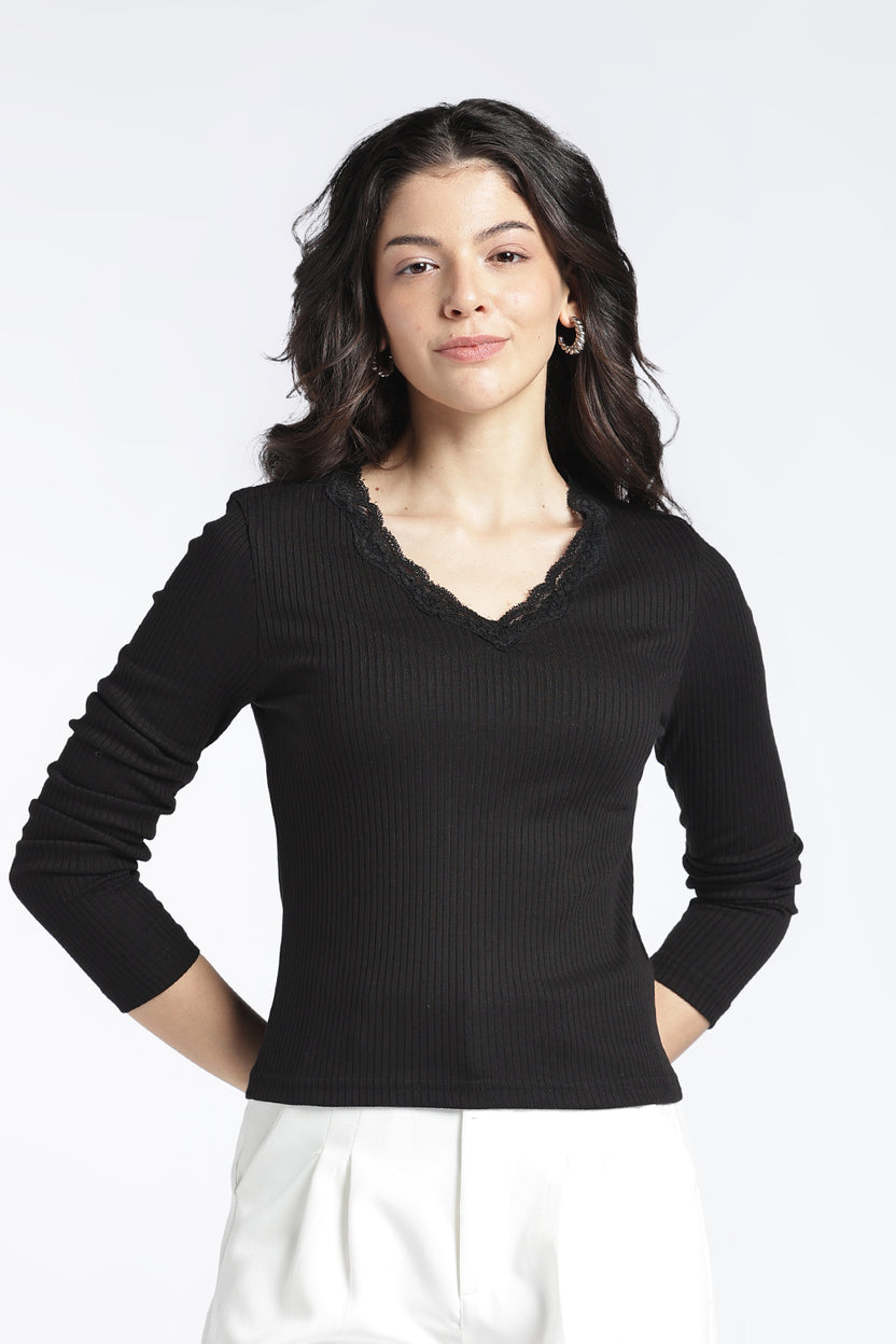 Womens Regular V-Neck Black Lace Top - Image 2
