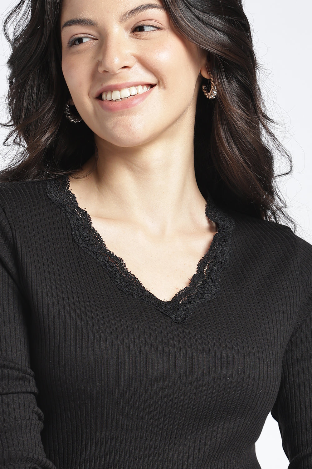 Womens Regular V-Neck Black Lace Top - Image 3
