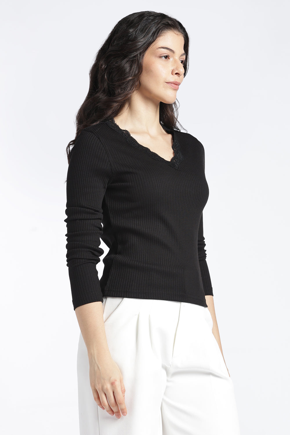 Womens Regular V-Neck Black Lace Top - Image 4