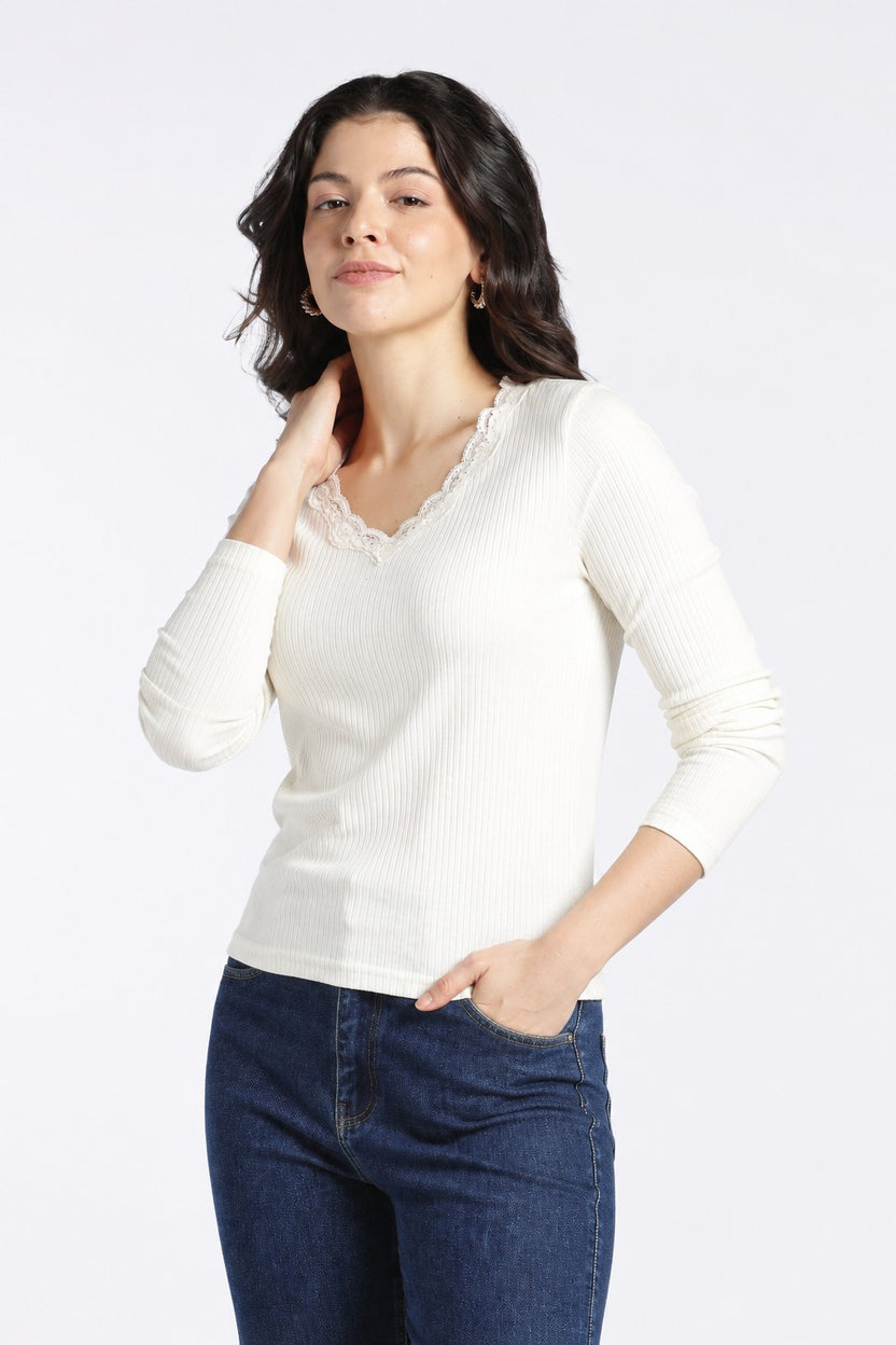 Womens Regular V-Neck Off White Lace Top - Image 2