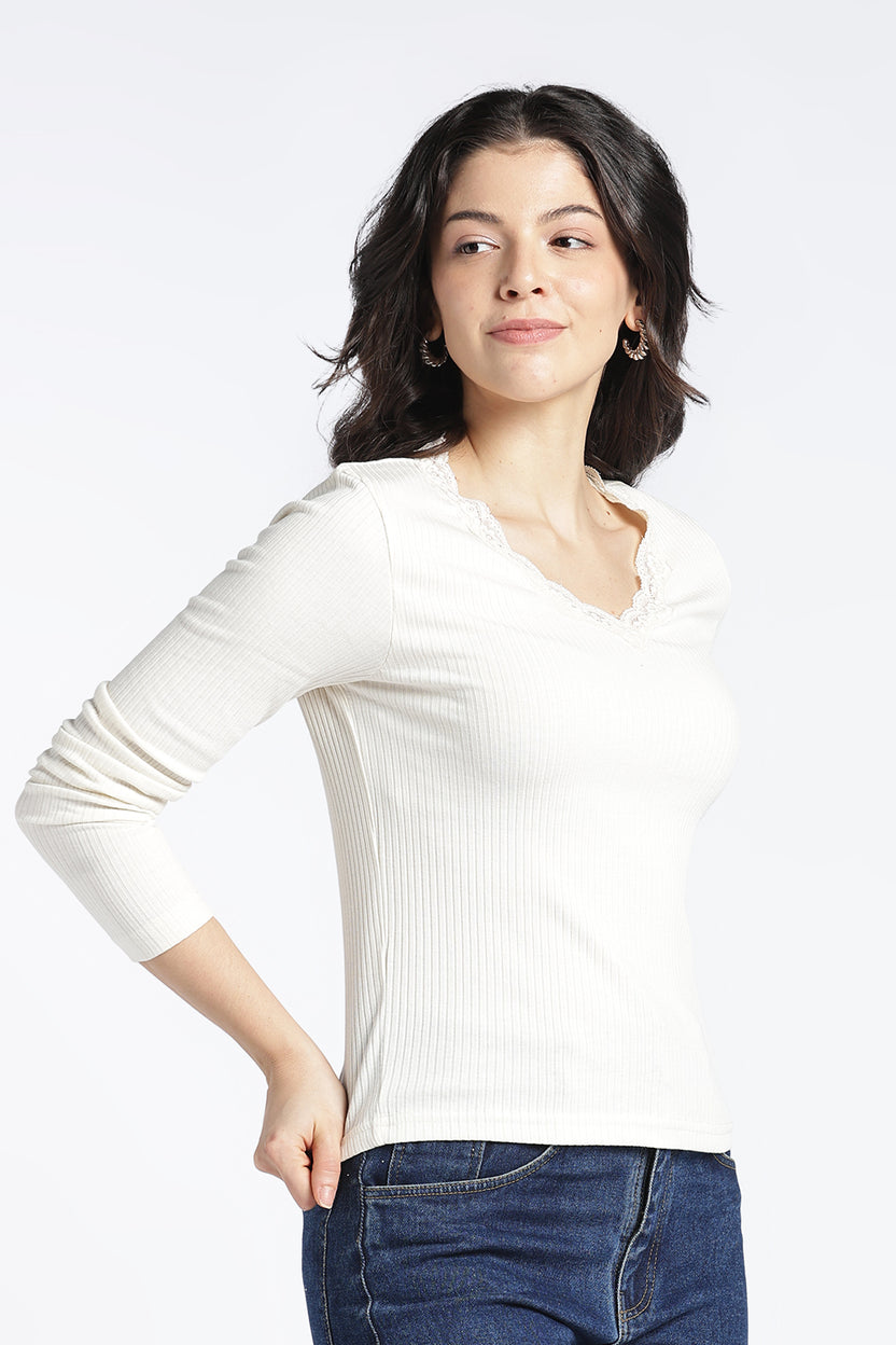 Womens Regular V-Neck Off White Lace Top - Image 4