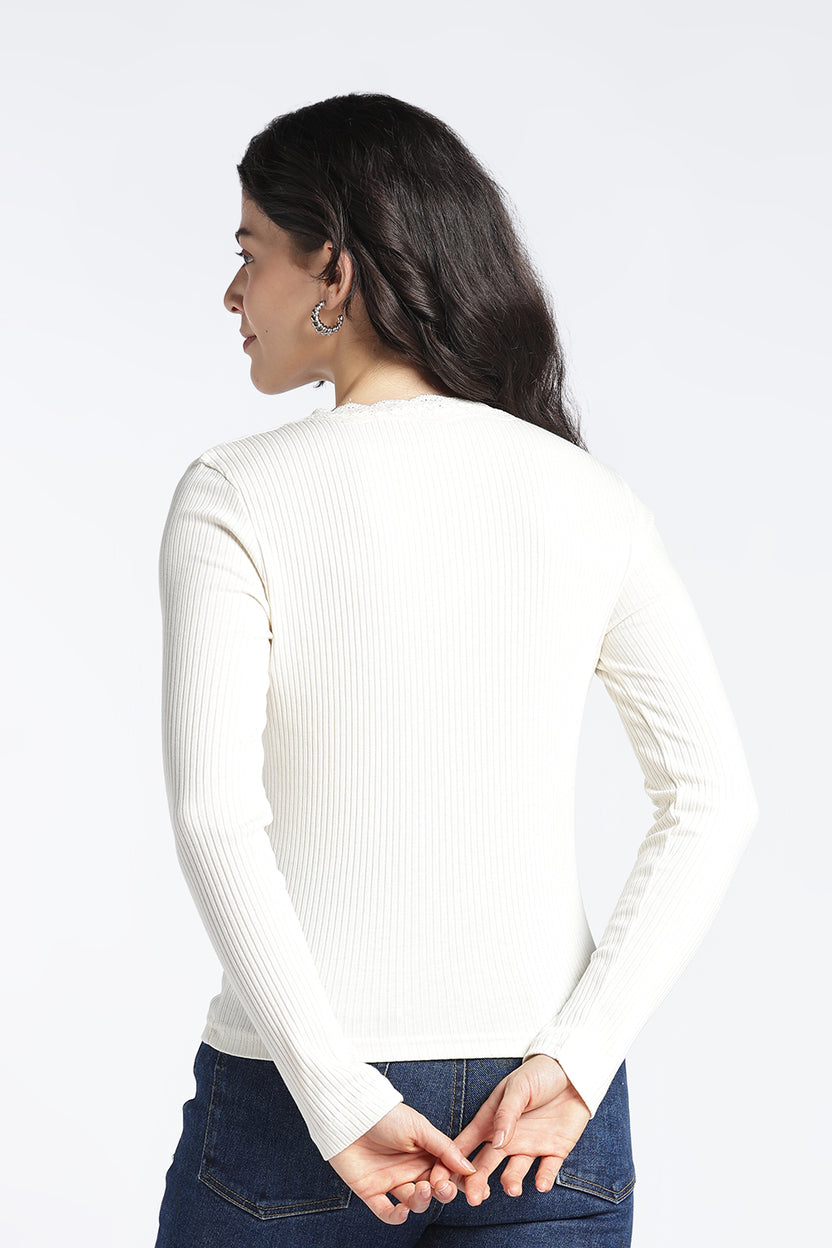Womens Regular V-Neck Off White Lace Top - Image 5
